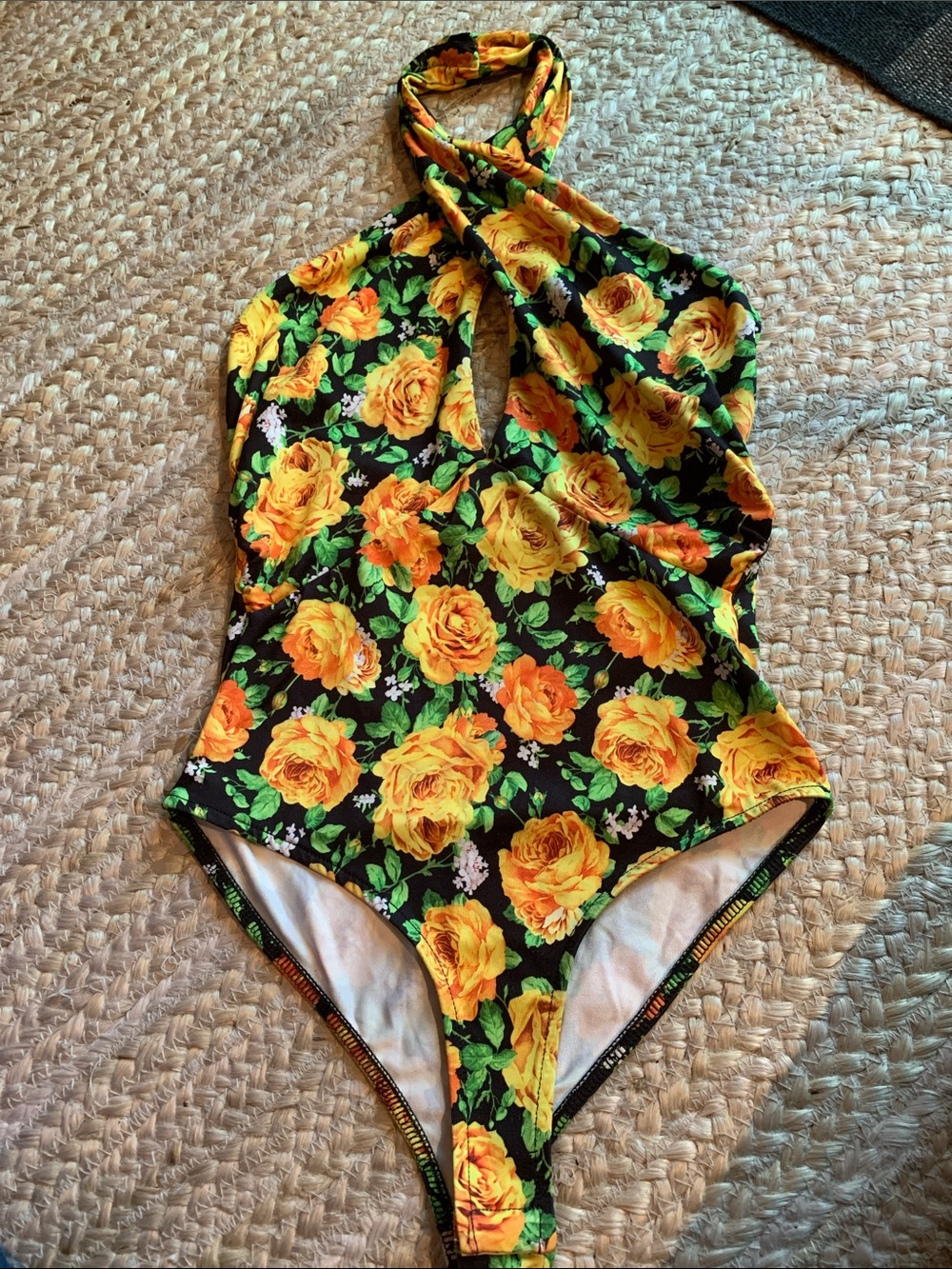 Zara Black Halter Bodysuit with Yellow Rose Print